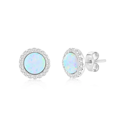 Sterling Silver White Synthetic Opal Round Halo, Cz Border Earrings
