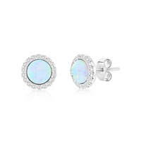 Sterling Silver White Synthetic Opal Round Halo, Cz Border Earrings
