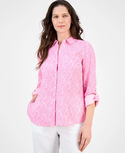 Charter Club Women's Printed 100% Linen Roll-Tab Shirt, Exclusively at Macy's