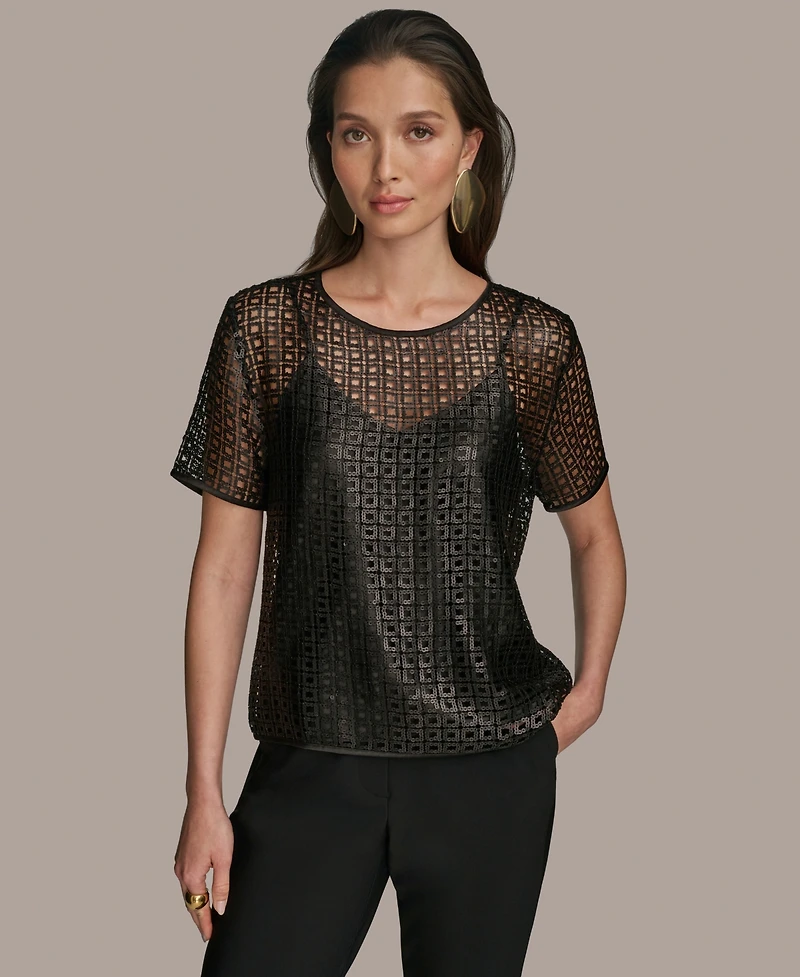 Donna Karan New York Women's Sequin Mesh Short-Sleeve Top