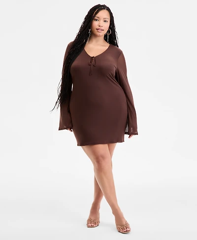 Bar Iii Plus Long-Sleeve Solid-Mesh Mini Dress, Exclusively at Macy's