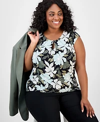 Kasper Plus Floral-Print Keyhole Top