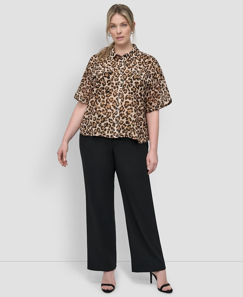 Dkny Plus Animal Print Short-Sleeve Button-Front Shirt
