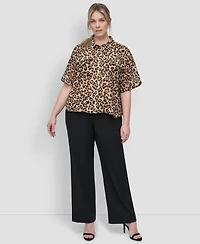 Dkny Plus Animal Print Short-Sleeve Button-Front Shirt