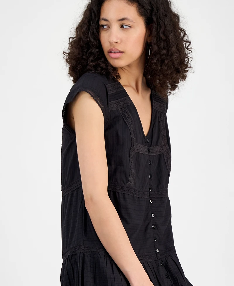 Lucky Brand Women's Cotton Button-Front Lace Mini Dress