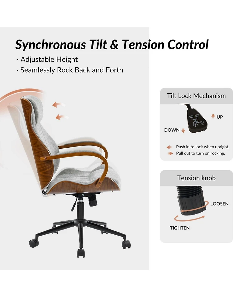 Nuria Office Chair 360-Degree Swivel with Solid Wood Armrests