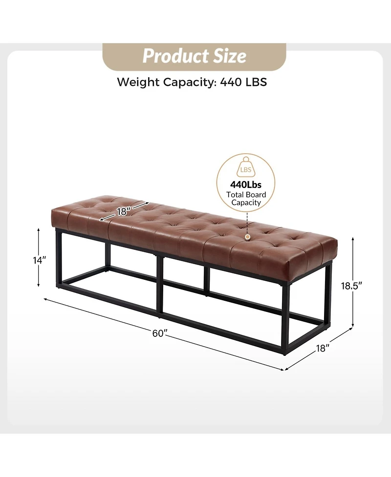 Narciso 60" Wide Bedroom Bench with Genuine Leather Top Cushion and Metal Base