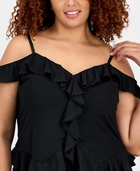 Bar Iii Trendy Plus Ruffled Cold-Shoulder Mesh Top, Exclusively at Macy's