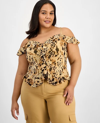 Bar Iii Trendy Plus Printed Cold-Shoulder Ruffled Top, Macy's Exclusive