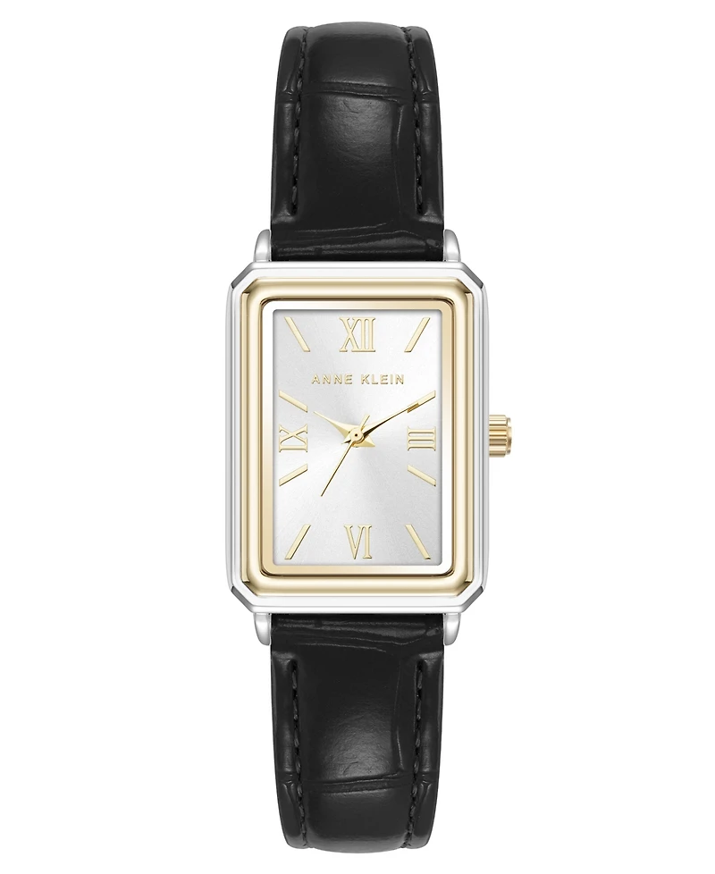 Anne Klein Women's Quartz Casual Black Polyurethane Leather and Two-Tone Metal Alloy Watch, 25mm