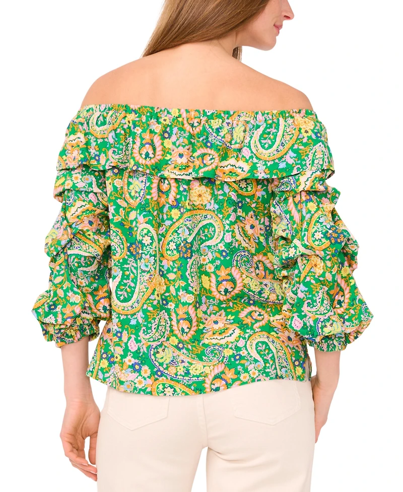 Vince Camuto Women's Paisley-Print Ruffled Off-The-Shoulder Bubble 3/4-Sleeve Blouse