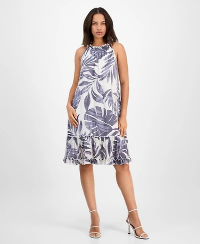 Robbie Bee Women's Printed Ruffle-Neck Sleeveless Mini Dress