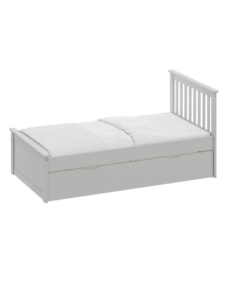 Solid Wood Bed with Pull-Out Trundle – Space-Saving Twin Frame for Kids or Guest Room