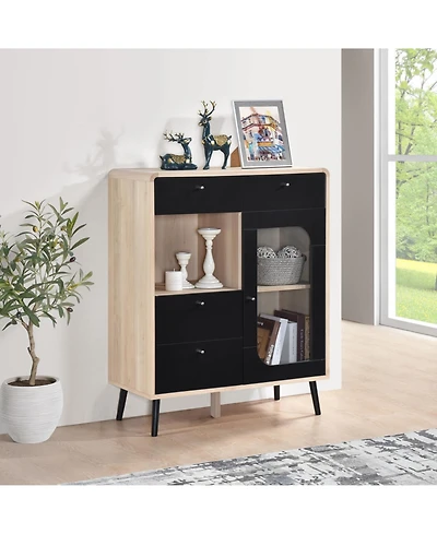 Kings Brand Furniture Nathan Sideboard Storage Cabinet with Drawers Open and Close Shelves, Oak/Black