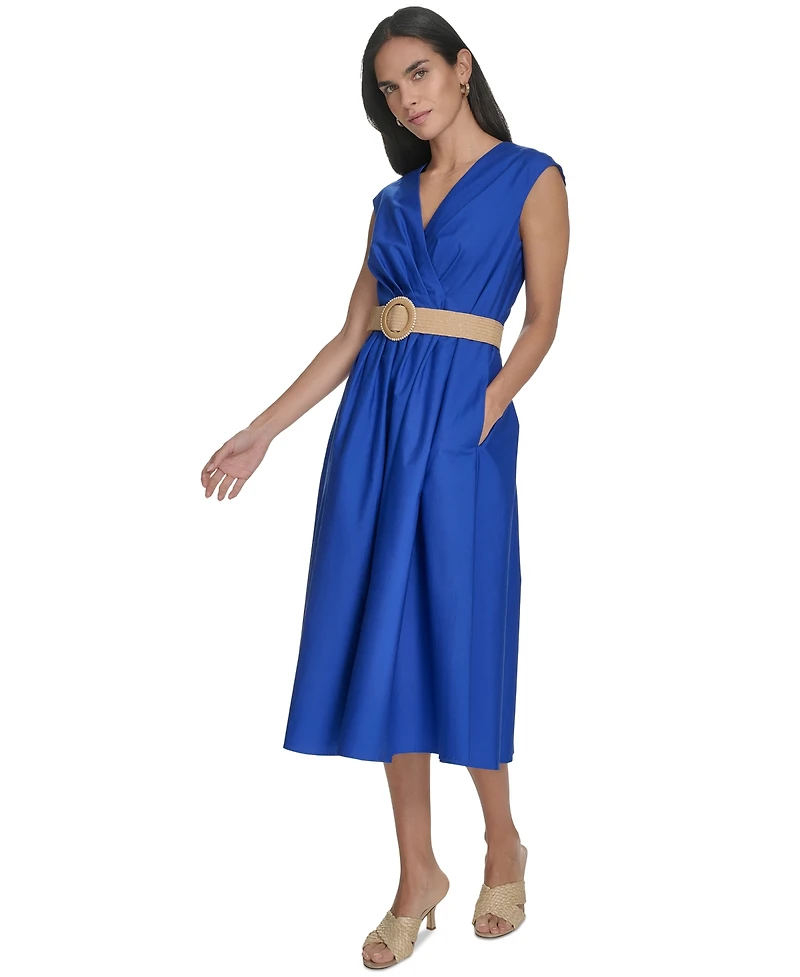 Jessica Howard Women's Cotton V-Neck Belted Midi Dress
