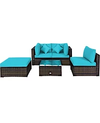Gymax 5PCS Rattan Patio Conversation Set Outdoor Furniture Set w/ Ottoman Turquoise Cushion