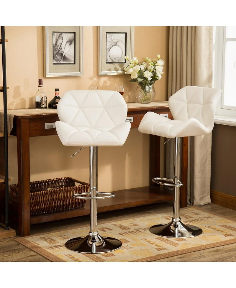 Set of 2 Adjustable Swivel Bar Stools with Diamond-Tufted Faux Leather Seats, Footrest, and Chrome Base for Kitchen or Home Bar-The Pop