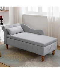 Velvet Upholstered Chaise Lounge with Storage and Pillow, Tufted Rolled Arm Chair Nailhead Trim for Living Room or Bedroom-The Pop Home