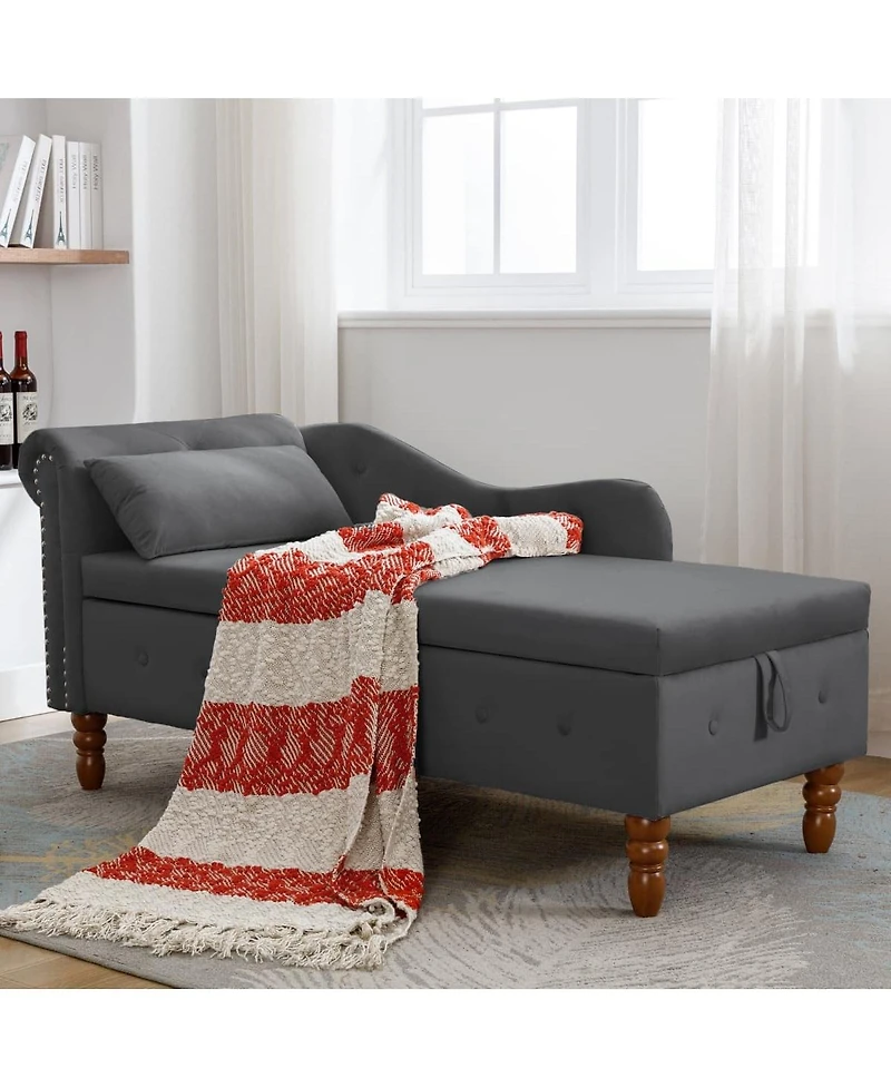 Velvet Upholstered Chaise Lounge with Storage and Pillow, Tufted Rolled Arm Chair Nailhead Trim for Living Room or Bedroom-The Pop Home