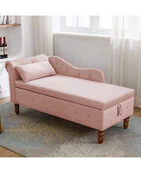 Velvet Upholstered Chaise Lounge with Storage and Pillow, Tufted Rolled Arm Chair Nailhead Trim for Living Room or Bedroom-The Pop Home