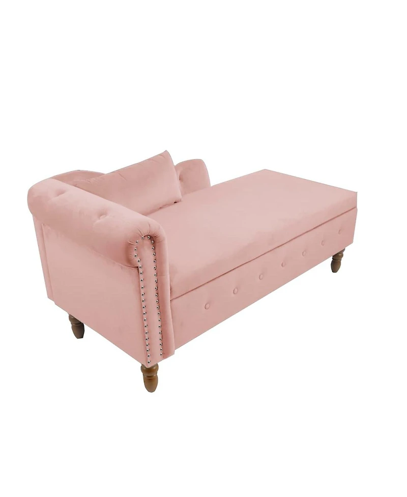 Velvet Upholstered Chaise Lounge with Storage and Pillow, Tufted Rolled Arm Chair Nailhead Trim for Living Room or Bedroom-The Pop Home