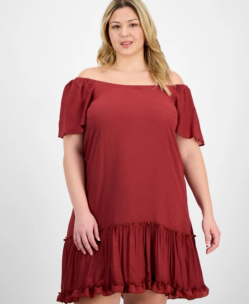 Robbie Bee Plus Off-The-Shoulder Ruffled-Hem Dress
