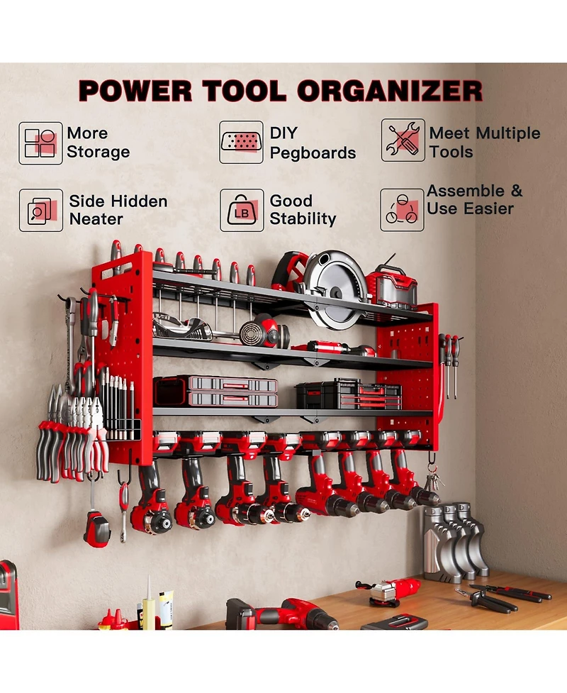 Hausource 4 Tier Power Tool Organizer Shelving Wall Mount Utility Storage Rack，Red