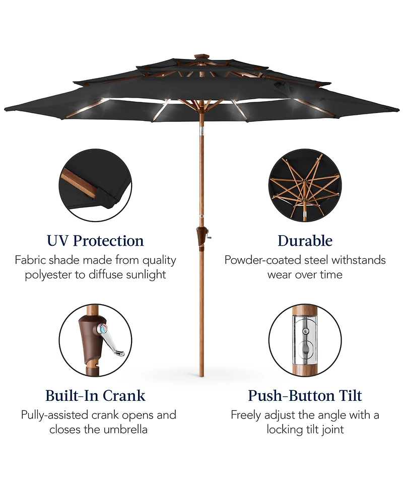 Best Choice Products Woodgrain Pattern 10ft 3-Tier Solar Patio Umbrella w/ 24 Led Lights