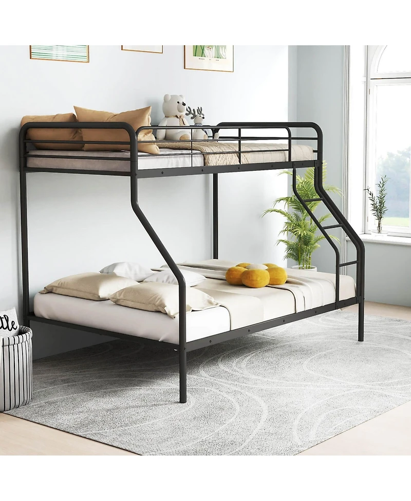 Twin over Full Metal Bunk Bed with Inclined Ladder Safety Guardrail, Slat Support