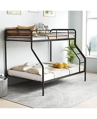 Twin over Full Metal Bunk Bed with Inclined Ladder Safety Guardrail, Slat Support