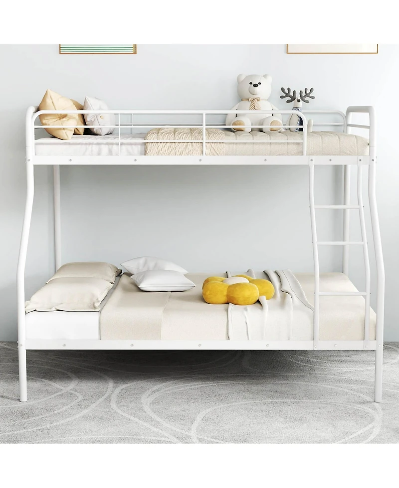 Twin over Full Metal Bunk Bed with Inclined Ladder Safety Guardrail, Slat Support