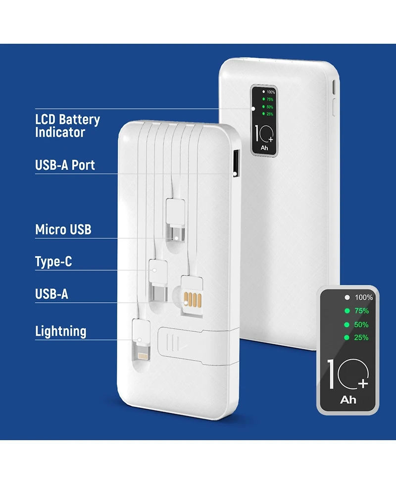 GabbaGoods 10,000mAh Rapid Charging Power Bank with Lcd Battery Display, 4 Built-In Cables, and Phone Stand