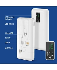 GabbaGoods 10,000mAh Rapid Charging Power Bank with Lcd Battery Display, 4 Built-In Cables, and Phone Stand