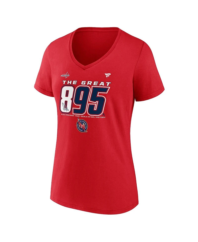 Fanatics Women's Alexander Ovechkin Athletic Red Washington Capitals Nhl All-Time Leading Goal Scorer The Great 895 V-Neck T-Shirt