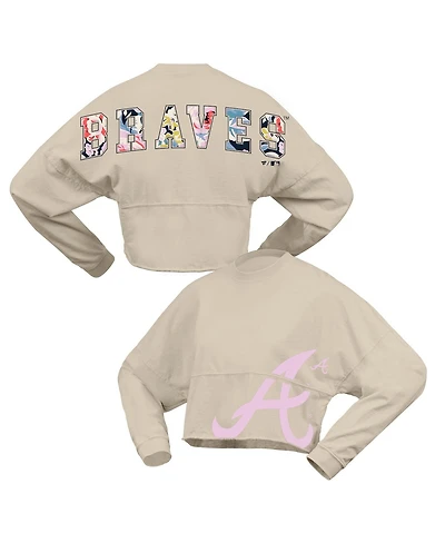 Fanatics Women's Cream Atlanta Braves Floral Preppy Cropped Long Sleeve T-Shirt