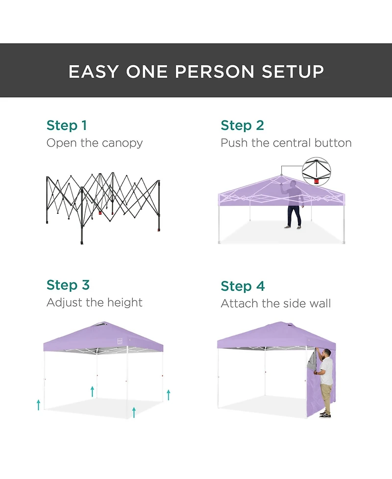 Best Choice Products 10x10ft Easy Setup Pop Up Canopy, Portable Tent w/ Side Wall, 1-Button Push