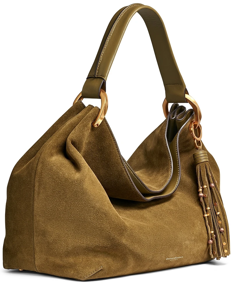 Donna Karan New York Glenwood Suede Shoulder with Beaded Tassel Detail