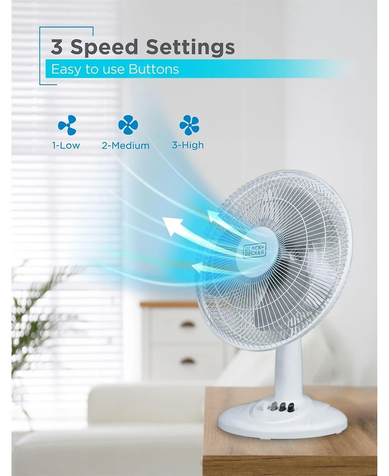 Black+Decker Desk Fan for Home and Office, 12” Fan with 3 Speed Settings, Oscillating Portable Fan for Office Desk, Table Top and Kitchen Table