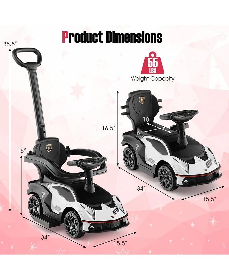 3-in-1 Licensed Lamborghini Ride on Push Car with Handle Guardrail