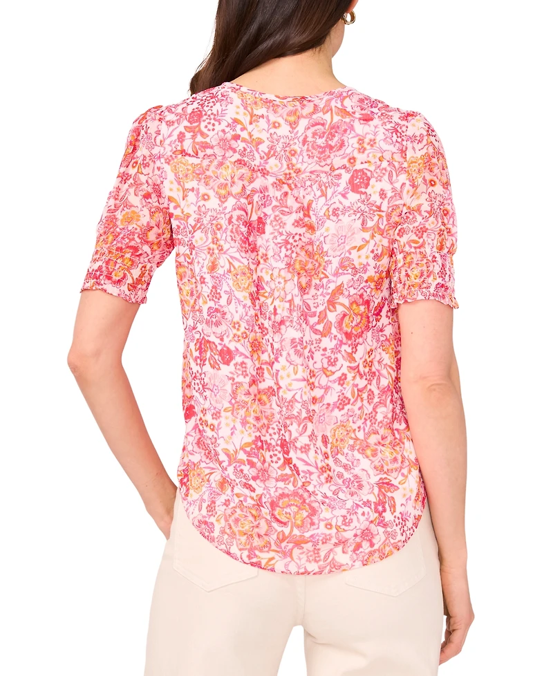 Sam & Jess Petite Printed Puff-Sleeve Pintuck Blouse