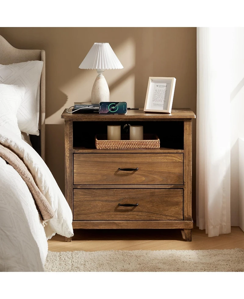 Miguel 2-Drawer Solid Wood End Table with Built-in Power Outlet and Usb Ports
