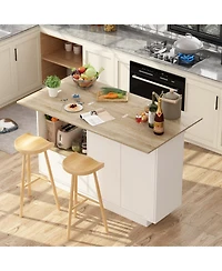 Kitchen island with 2 doors, 1 drawer, island storage table with dining table, coffee station and microwave rack for home and dining room, white, wood