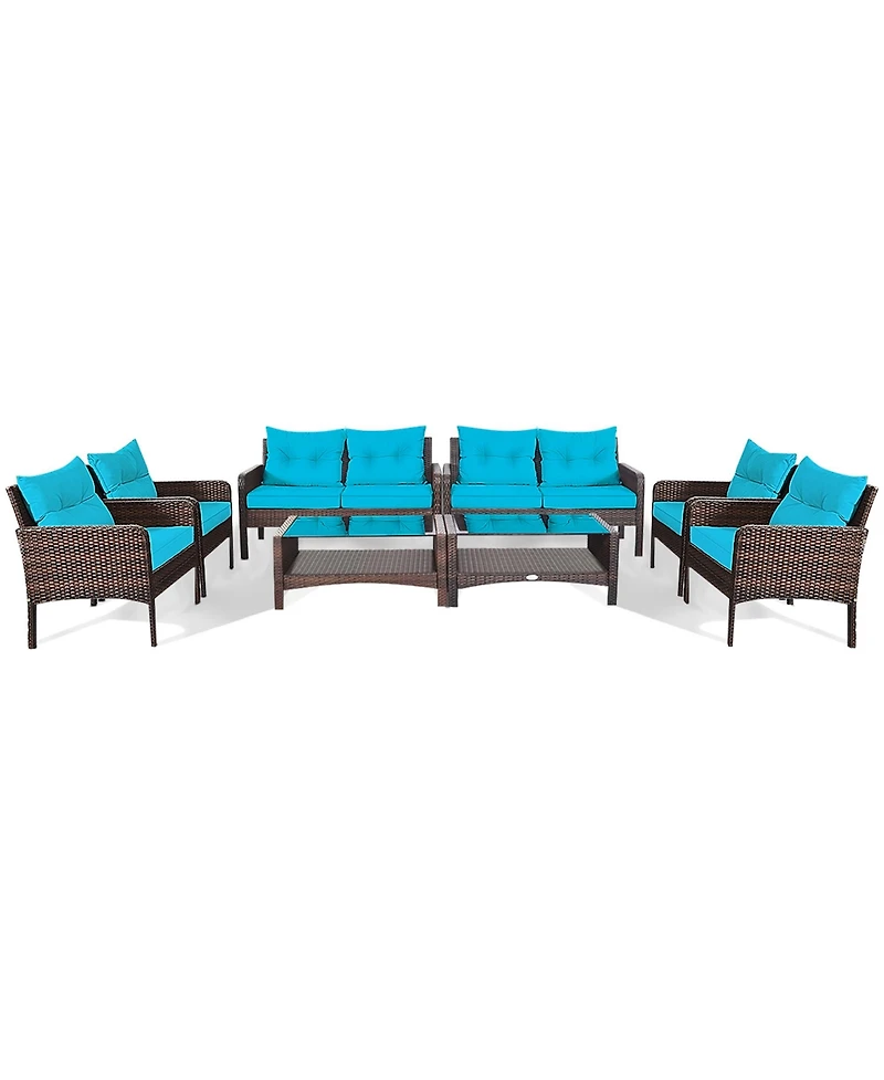 Gymax 8PCS Rattan Patio Conversation Set Outdoor Furniture Set Cushioned