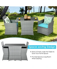 Gymax 3PCS Outdoor Rattan Conversation Set Patio Dining Table Set w/ Turquoise Cushions