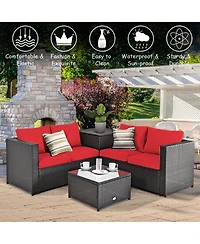 Gymax 8PCS Cushioned Rattan Patio Conversation Set w/ Side Table Red Cushion