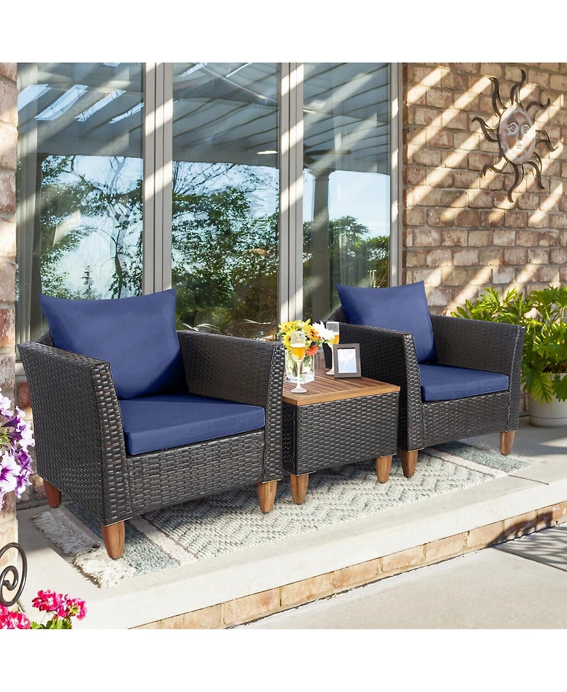 Gymax 3PCS Patio Furniture Set Conversation Bistro Set w/ Acacia Wood & Cushions Navy