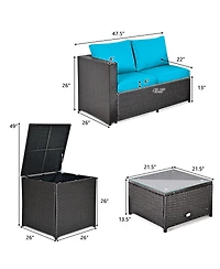 Gymax 8PCS Cushioned Rattan Patio Conversation Set w/ Side Table Turquoise Cushion