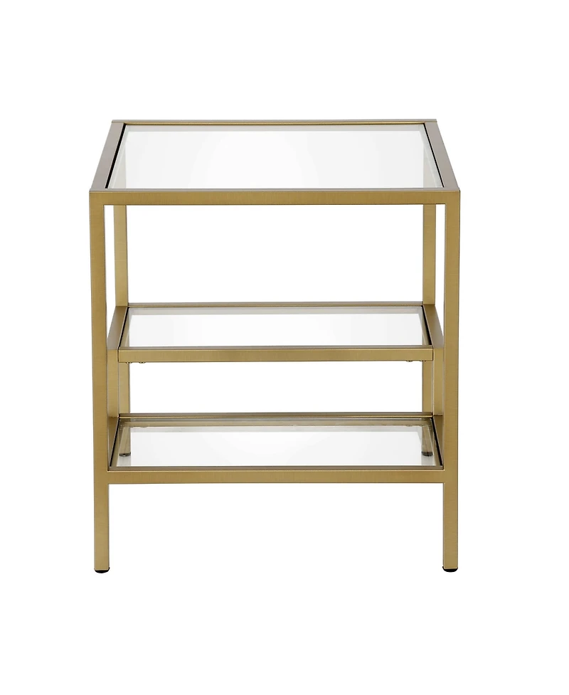 Modern 22" Square End Table – Brass Finish, Clear Glass, and Two Shelves