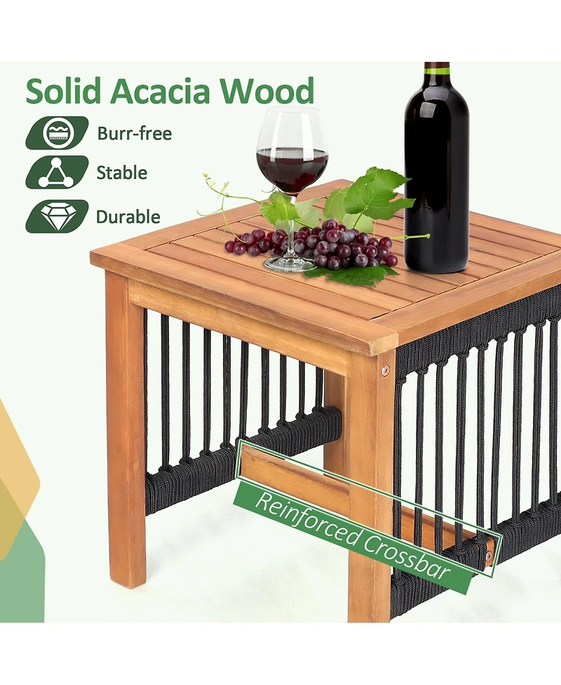 3pcs Patio Acacia Wood Bistro Table Rocking Chair Set All-Weather Rope Outdoor