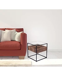22" Black Glass And Iron Square End Table With Drawer With Shelf